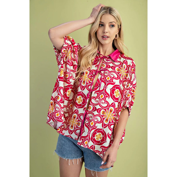 GiGio Tops - TE1304 GiGio Medallion Print Elastic Dolman Sleeve Top Satin String Ties Var Sz
